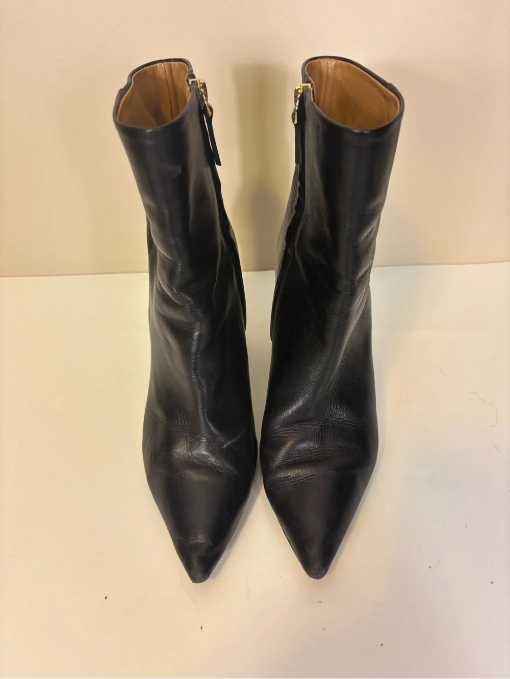 Tory Burch Black Leather Pointed Toe Heeled Booties with Gold Logo Women’s 8